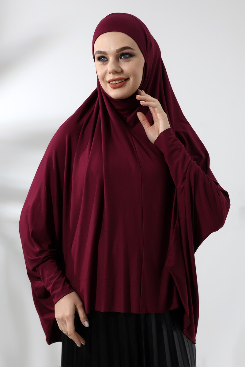 Burgundy Ready Practical Sultanbaş Hijab Sleeve Combed Cotton Soufflé Scarf Hijab - 6