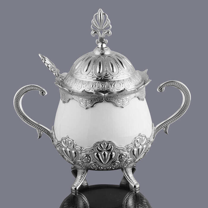 Busem Porcelain Round Sugar Bowl Turkish Delight Holder Silver - 2