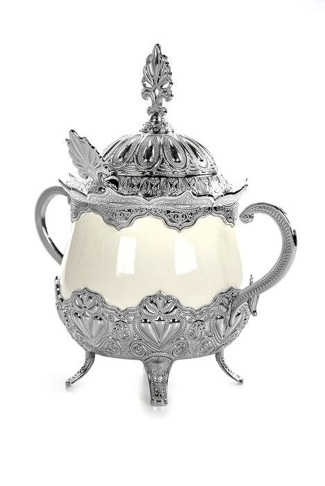 Busem Porcelain Round Sugar Bowl Turkish Delight Holder Silver - 1