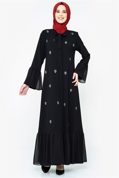 Buttoned Stone Black Abaya 3007 - 1