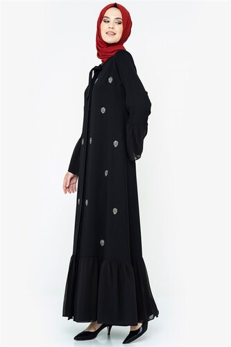 Buttoned Stone Black Abaya 3007 - 2