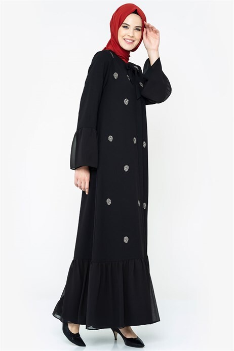 Buttoned Stone Black Abaya 3007 - 3