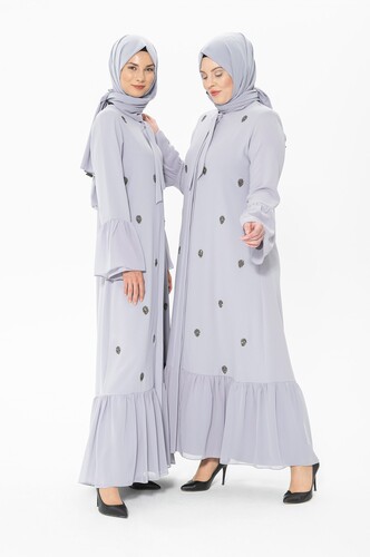 Buttoned Stone Gray Abaya 3007-1 - 3