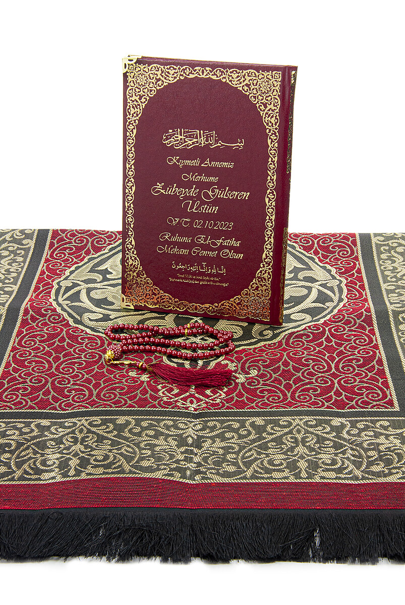 Claret Red 50 Name Printed Leather Bound Medium Size Yasin Book Prayer Mat Set Mevlit Gift - 4