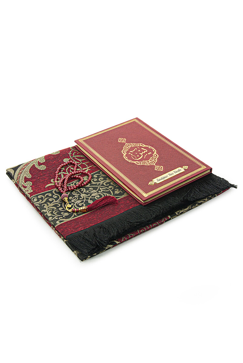 Claret Red Dowry Prayer Rug Set, Religious Gift Suitable for Bride's Bundle, Personalized Yasin Book - 3