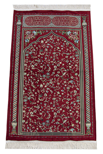 Claret Red Floral Ravza Patterned Lined Chenille Prayer Rug - 1