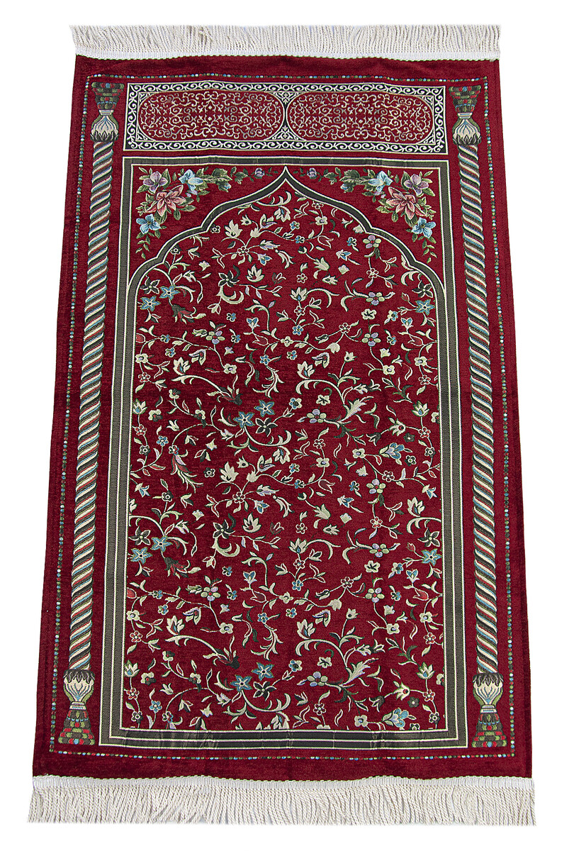 Claret Red Floral Ravza Patterned Lined Chenille Prayer Rug - 1