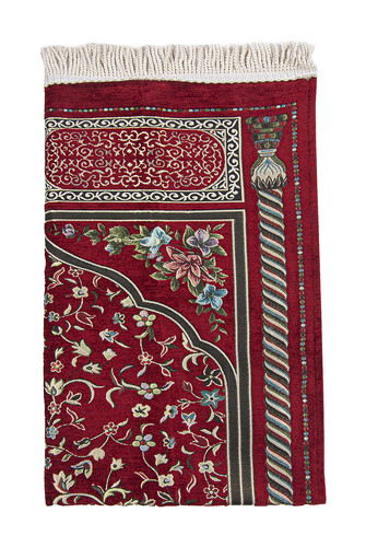 Claret Red Floral Ravza Patterned Lined Chenille Prayer Rug - 3