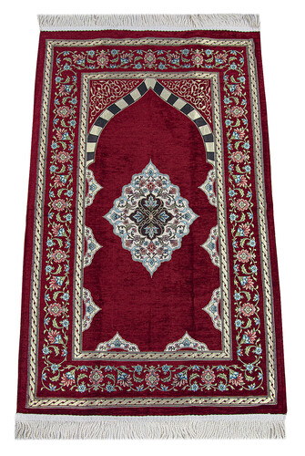 Claret Red Flower Motifed Mihrab Lined Chenille Prayer Rug - 1