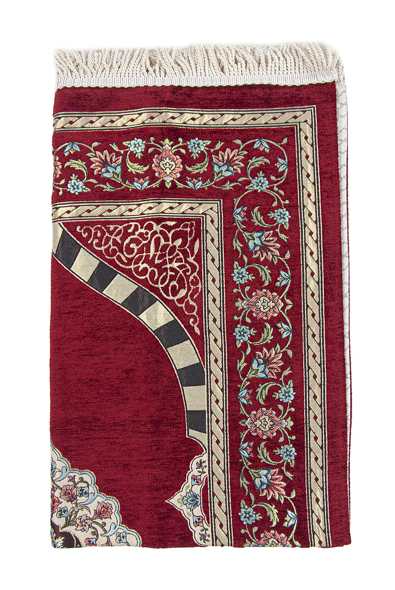 Claret Red Flower Motifed Mihrab Lined Chenille Prayer Rug - 3