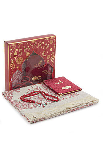 Claret Red Mevlüt Gift Velvet Covered Yasin Book Prayer Beads Dowry Prayer Rug Set - 1