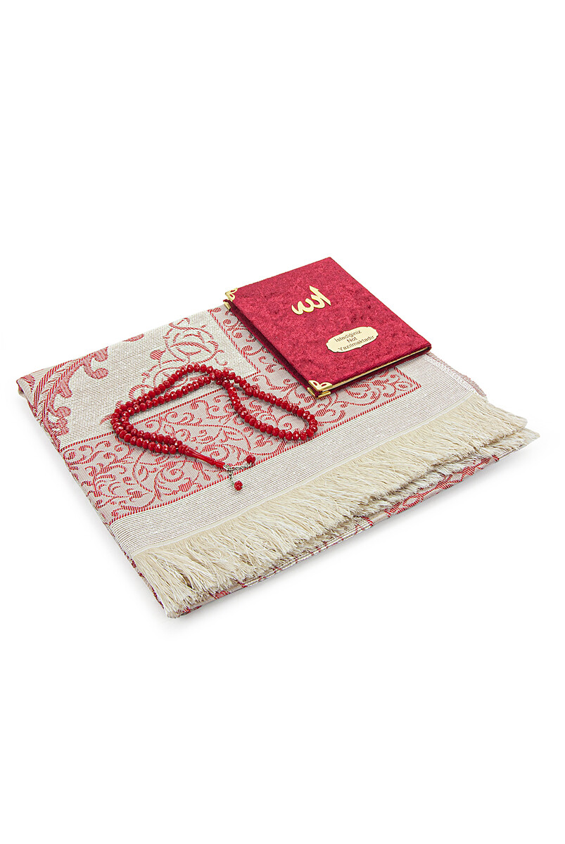 Claret Red Mevlüt Gift Velvet Covered Yasin Book Prayer Beads Dowry Prayer Rug Set - 3