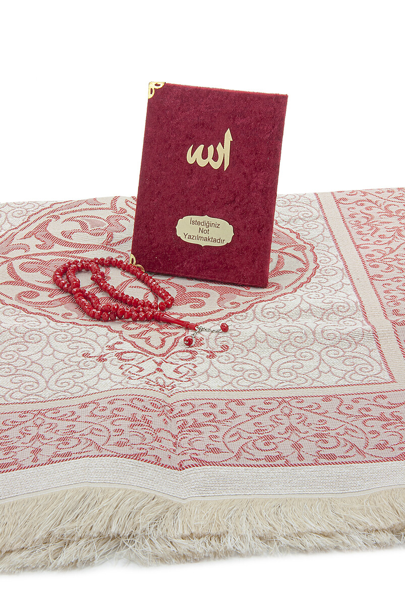 Claret Red Mevlüt Gift Velvet Covered Yasin Book Prayer Beads Dowry Prayer Rug Set - 4