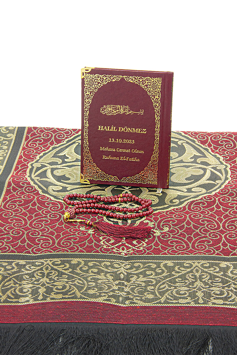 Claret Red Name Printed Leather Bound Bag Size Yasin Book Prayer Mat Set Mevlit Gift - 4