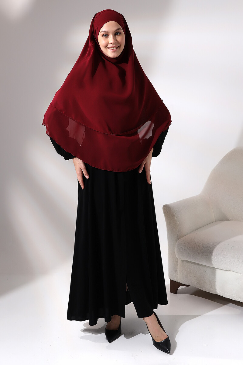 Claret Red Three Layer Veiled Short Chiffon Hijab Soufflé Scarf - 1