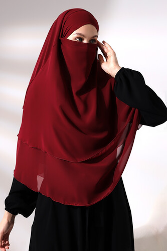 Claret Red Three Layer Veiled Short Chiffon Hijab Soufflé Scarf - 2