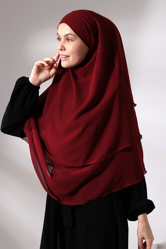 Claret Red Three Layer Veiled Short Chiffon Hijab Soufflé Scarf - 3