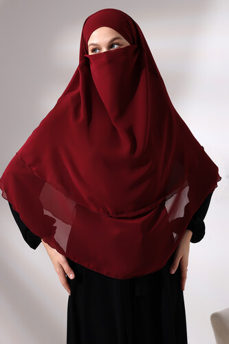 Claret Red Three Layer Veiled Short Chiffon Hijab Soufflé Scarf - 4