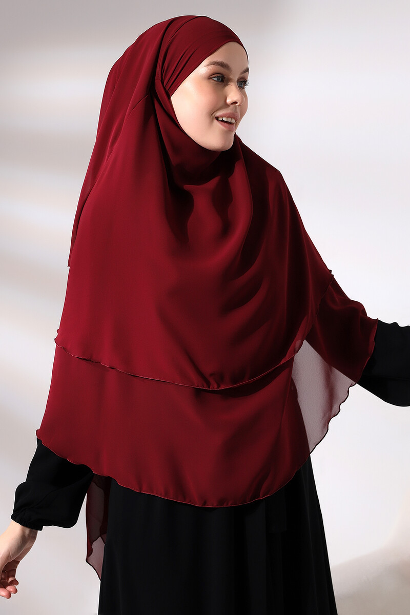 Claret Red Three Layer Veiled Short Chiffon Hijab Soufflé Scarf - 5