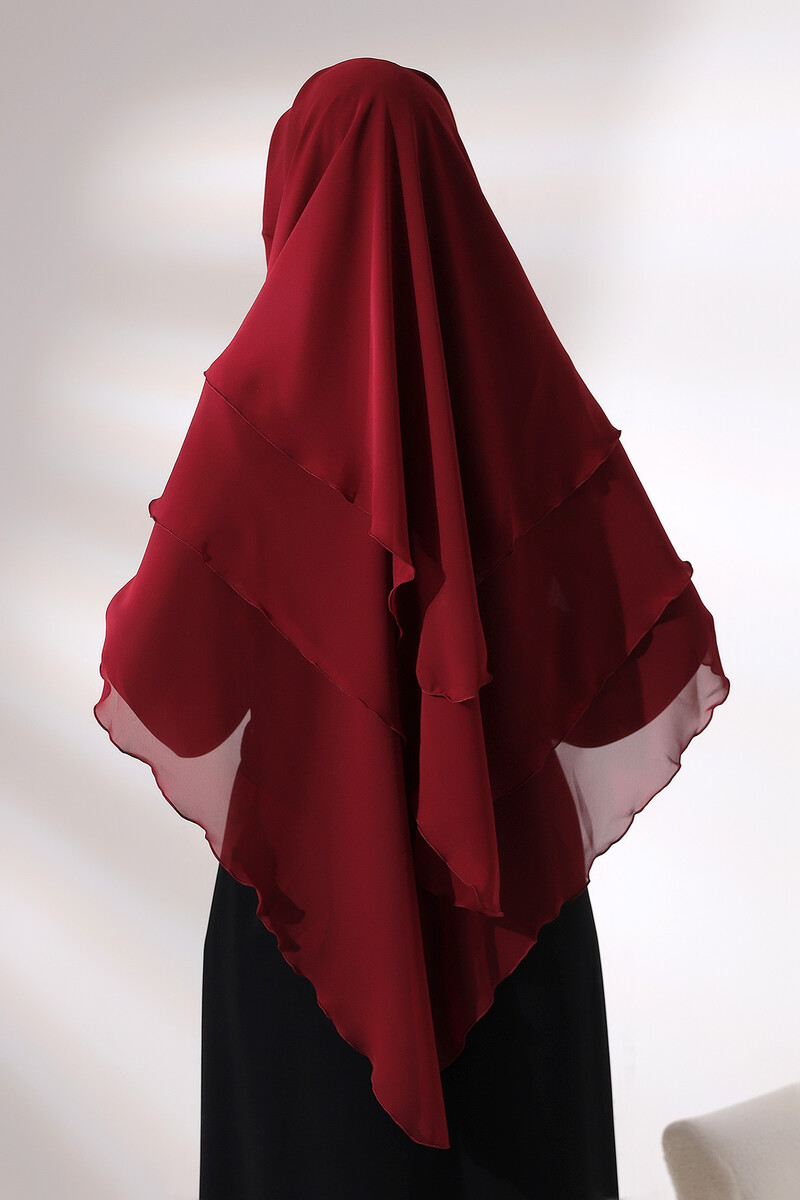 Claret Red Three Layer Veiled Short Chiffon Hijab Soufflé Scarf - 6