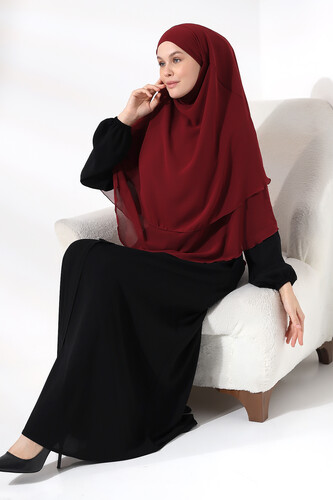 Claret Red Three Layer Veiled Short Chiffon Hijab Soufflé Scarf - 7