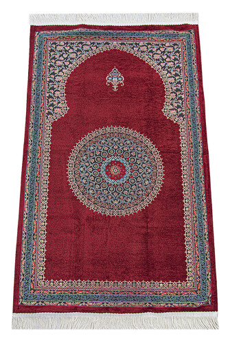 Claret Red Traditional Motif Knitted Fringed Mihrab Lined Chenille Prayer Rug - 1