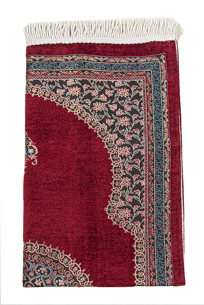 Claret Red Traditional Motif Knitted Fringed Mihrab Lined Chenille Prayer Rug - 3