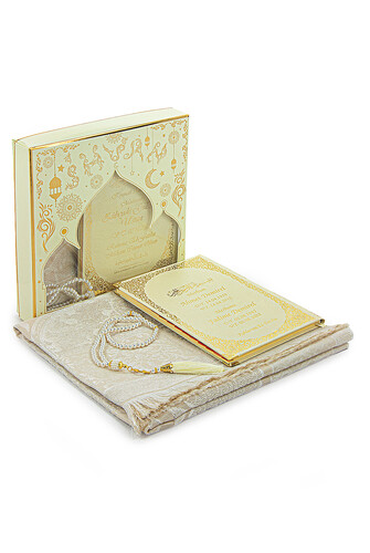 Cream 50 Name Printed Leather Bound Medium Size Yasin Book Prayer Mat Set Mevlit Gift - 1