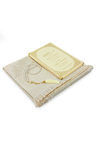 Cream 50 Name Printed Leather Bound Medium Size Yasin Book Prayer Mat Set Mevlit Gift - 3