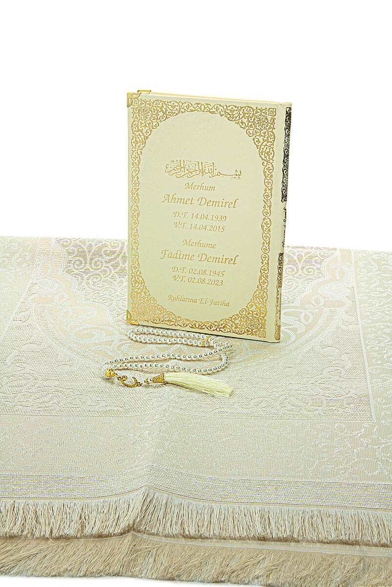 Cream 50 Name Printed Leather Bound Medium Size Yasin Book Prayer Mat Set Mevlit Gift - 4