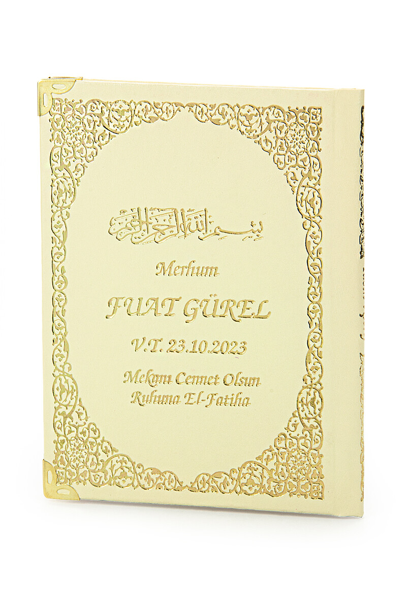 Cream 50 Pieces Name Printed Leather Bound Bag Size Yasin Book Prayer Mat Set Mevlit Gift - 5