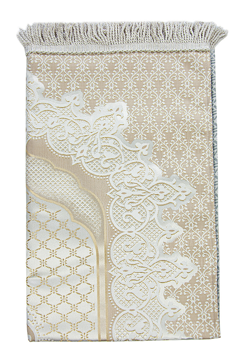 Cream Color Mihrab Lined Shiny Prayer Rug - 3