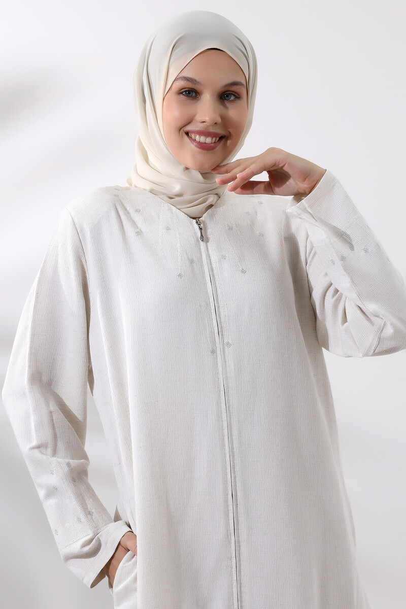 Cream Embroidered Zippered Linen Hijab Abaya - 4