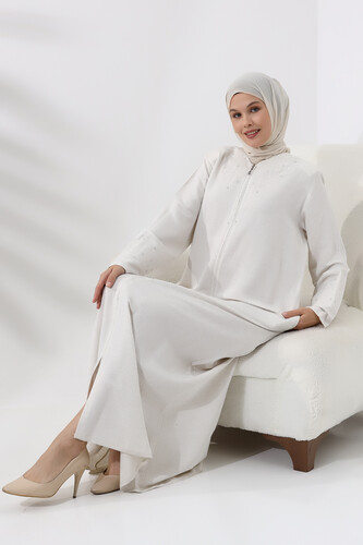 Cream Embroidered Zippered Linen Hijab Abaya - 5