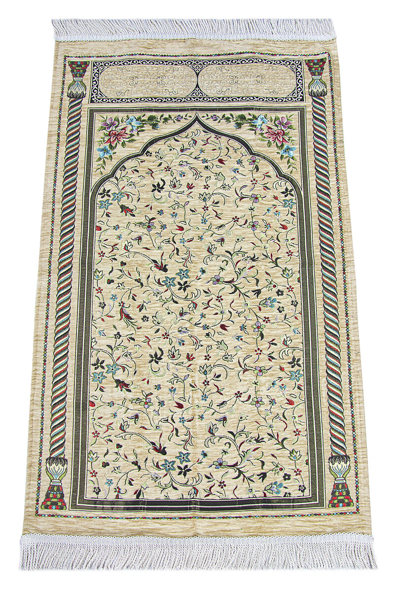 Cream Floral Ravza Patterned Lined Chenille Prayer Rug - 1