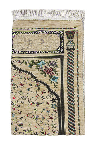 Cream Floral Ravza Patterned Lined Chenille Prayer Rug - 3