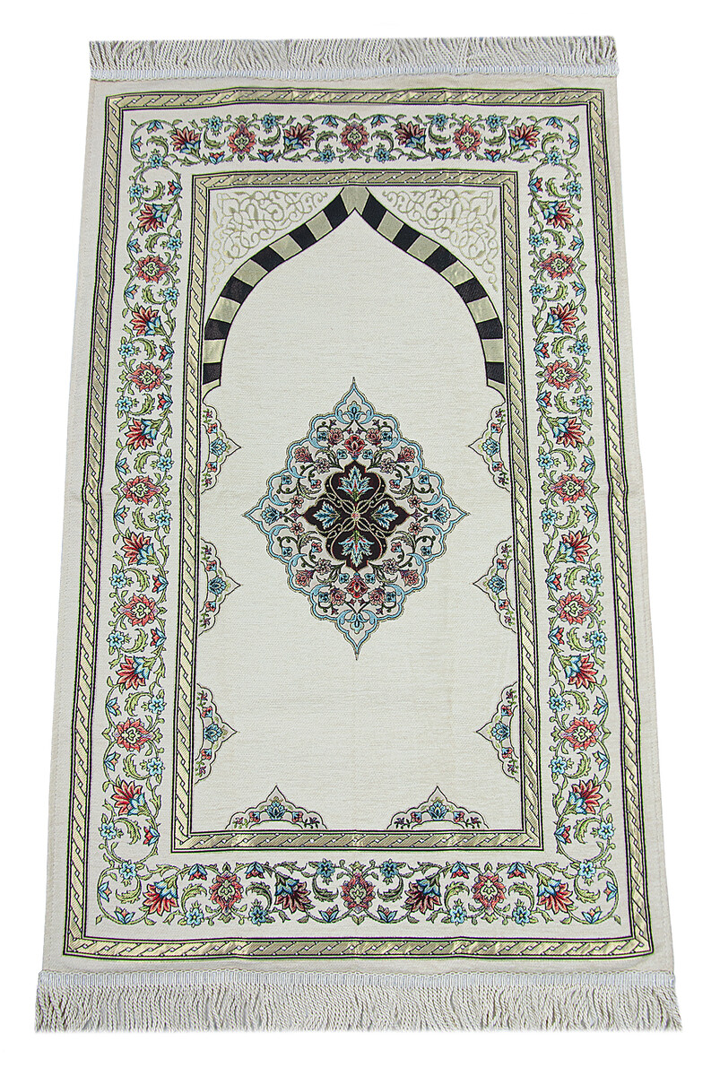 Cream Flower Motif Mihrab Lined Chenille Prayer Rug - 1