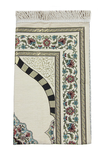 Cream Flower Motif Mihrab Lined Chenille Prayer Rug - 3