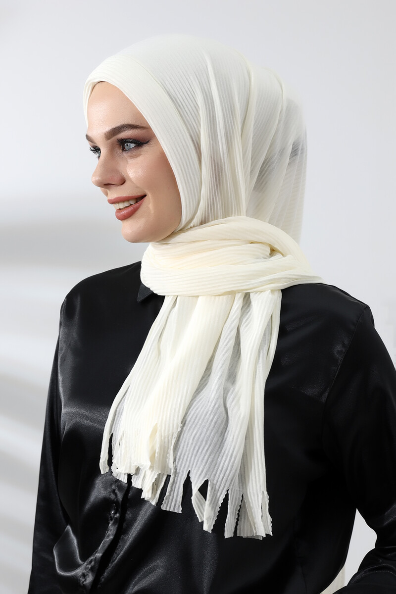 Cream Hijab Ready Made Practical Corded Cotton Shawl - 3