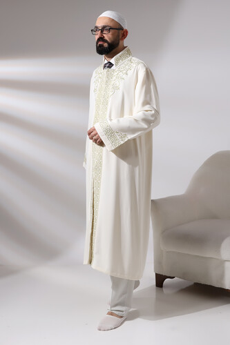 Cream Judge Collar Men's Prayer Robe Stripe Embroidery Imam Robe - 2