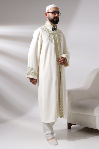 Cream Judge Collar Men's Prayer Robe Stripe Embroidery Imam Robe - 3