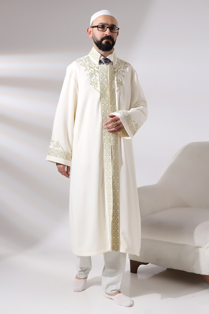 Cream Judge Collar Men's Prayer Robe Stripe Embroidery Imam Robe - 4