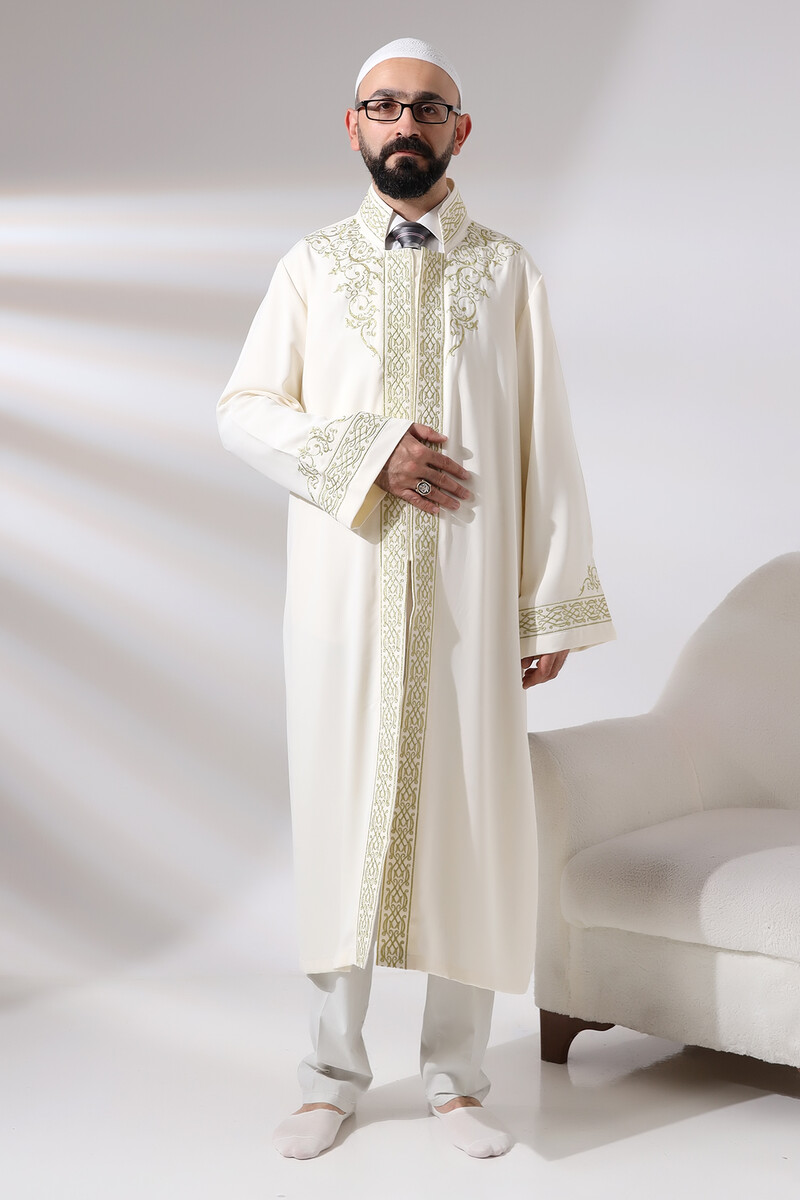 Cream Judge Collar Men's Prayer Robe Stripe Embroidery Imam Robe - 6