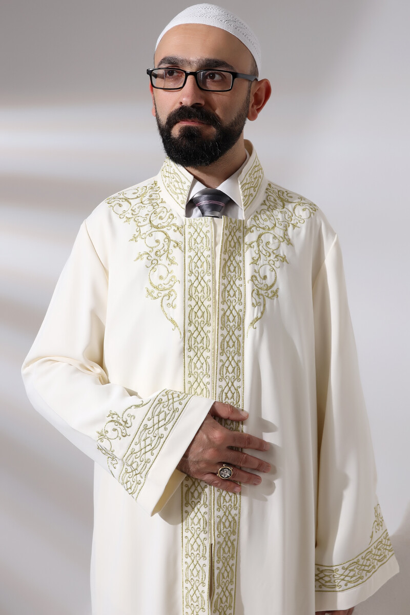 Cream Judge Collar Men's Prayer Robe Stripe Embroidery Imam Robe - 7