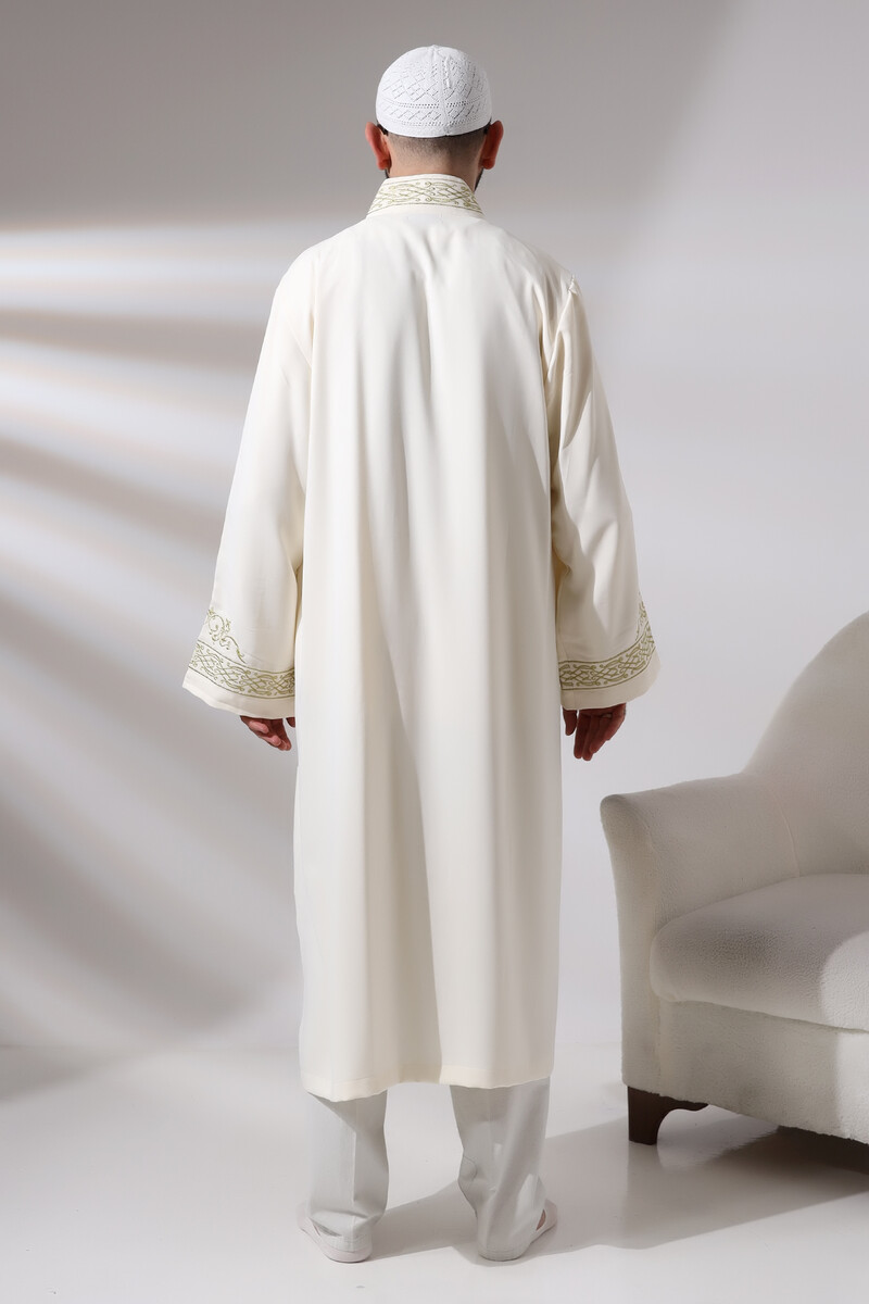 Cream Judge Collar Men's Prayer Robe Stripe Embroidery Imam Robe - 9