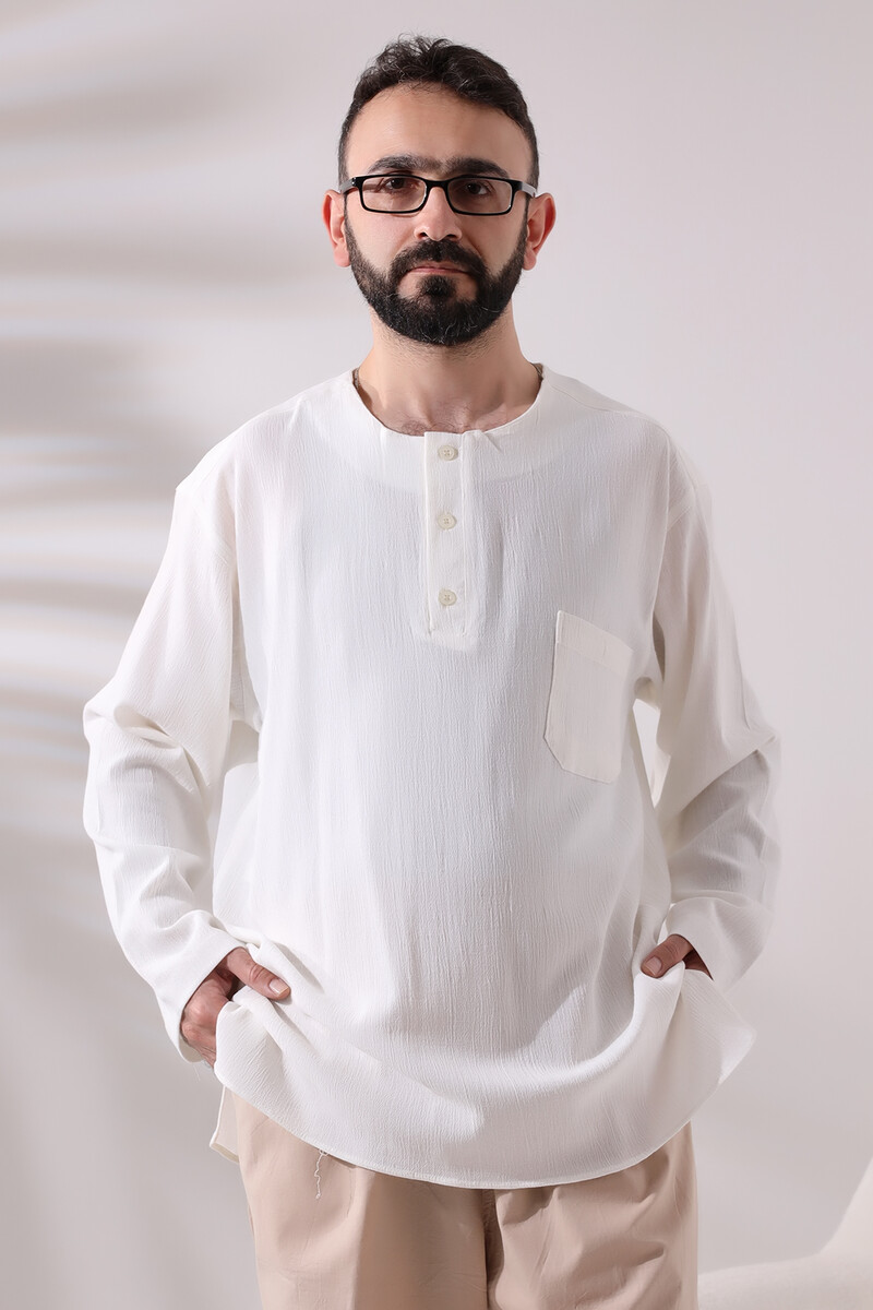 Cream Men's Comfortable Cut 3 Button Crew Neck Hajj and Umrah Sile Cloth Shirt - 1