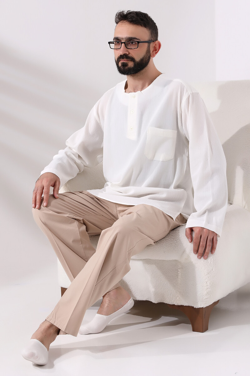 Cream Men's Comfortable Cut 3 Button Crew Neck Hajj and Umrah Sile Cloth Shirt - 6