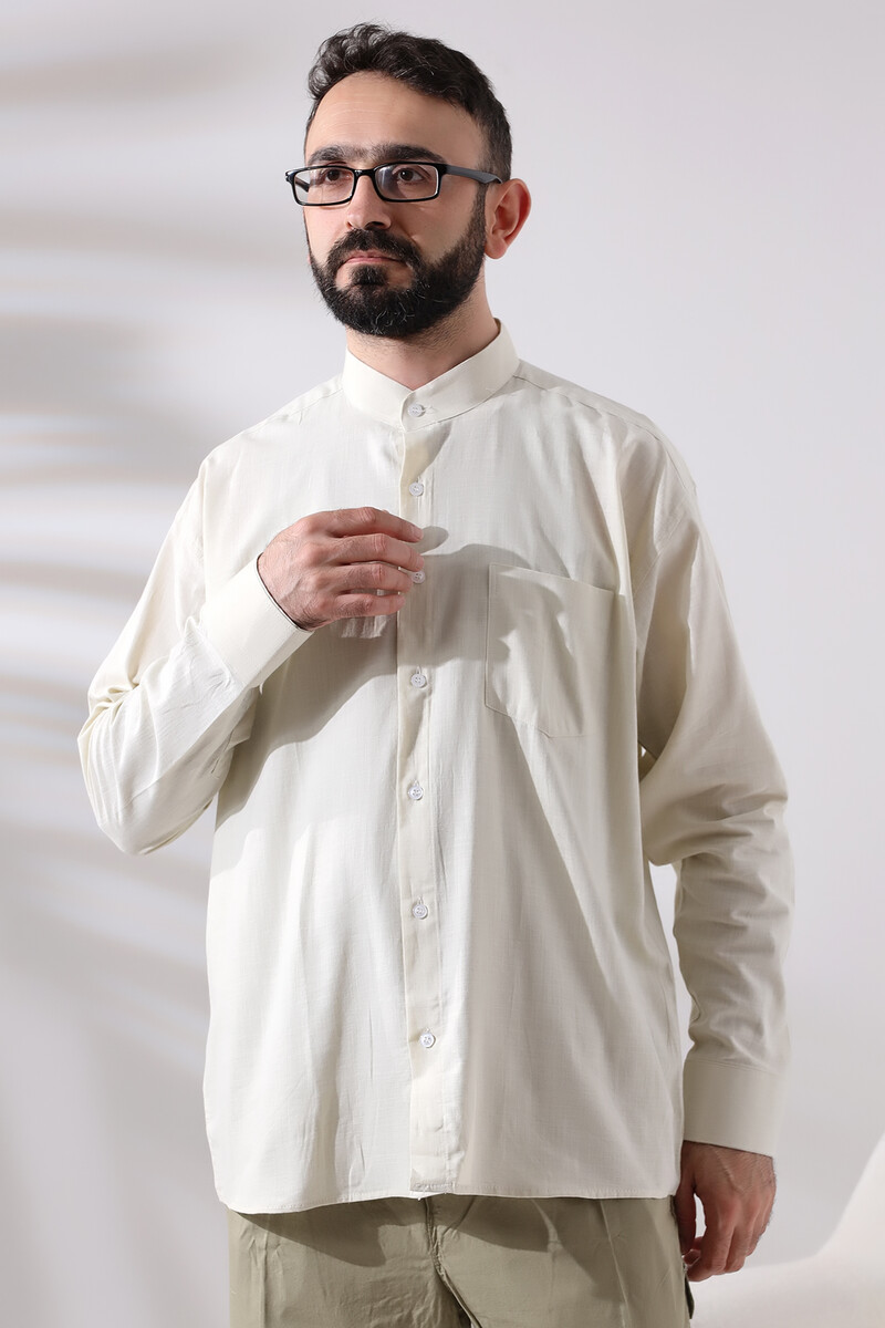 Cream Men's Loose Cut Single Pocket Judge Collar Hajj and Umrah Linen Shirt - 3