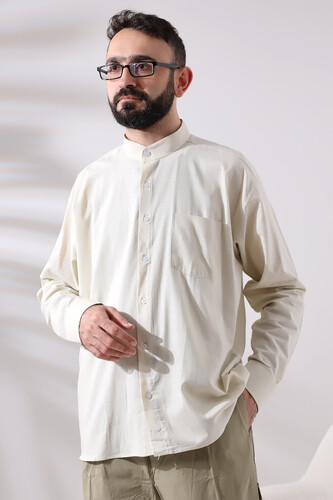 Cream Men's Loose Cut Single Pocket Judge Collar Hajj and Umrah Linen Shirt - 5