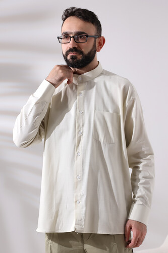 Cream Men's Loose Cut Single Pocket Judge Collar Hajj and Umrah Linen Shirt - 6